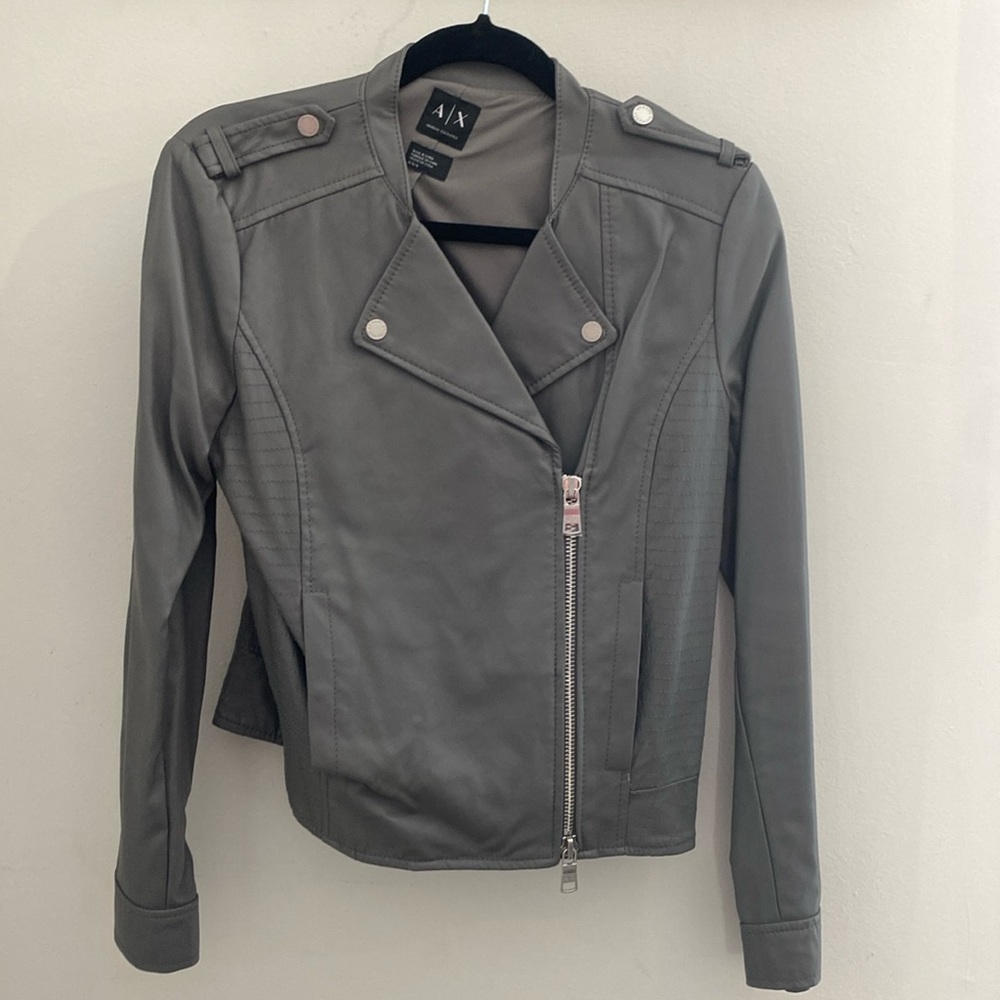 Armani Exchange Grey Faux Leather Moto Style Coat. Doesn’t fit since kids!